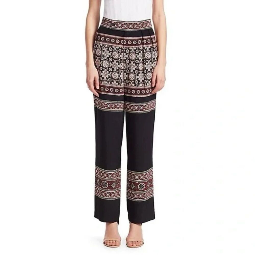 Sea New York Silk Straight Leg Pants Black Medallion Border Print Size 6 NWOT